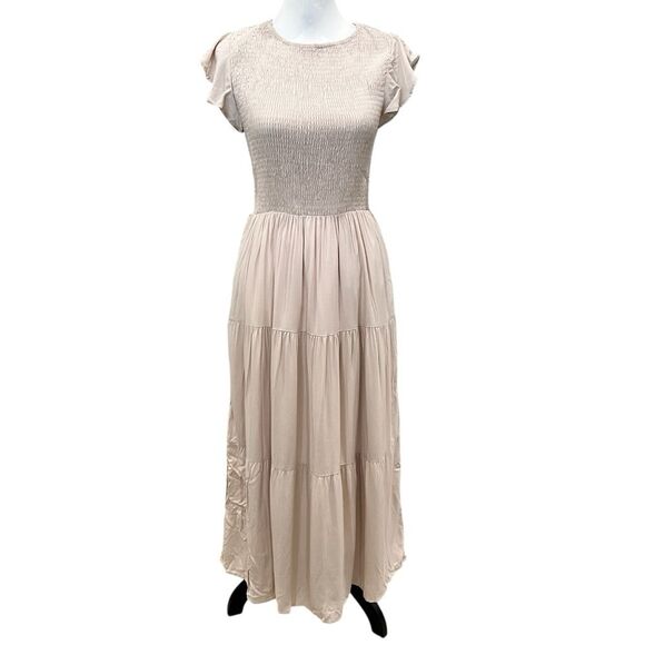 Apricot Cottagecore Smocked Tiered Midi Dress Short Sleeve Peachy Tan Medium NWT - Picture 2 of 16